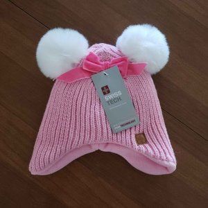 NWT Girl's Swiss Tech Pink Hat With Pink Ribbon and White Pom Poms